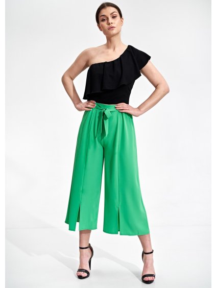 Zelené široké letní kalhoty s rozparky