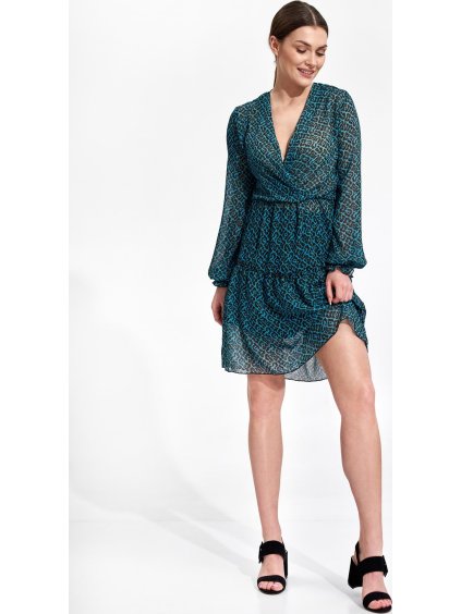 Tmavě zelené šifonové šaty s květy