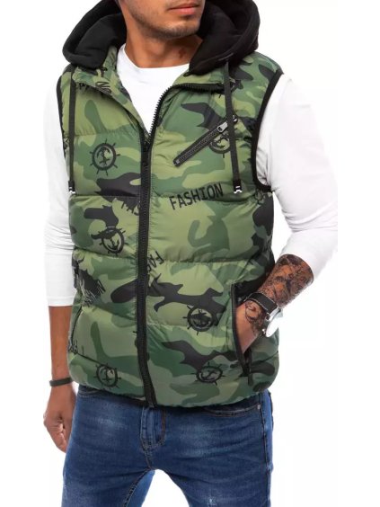 Zelená maskáčová prošívaná vesta s kapucí