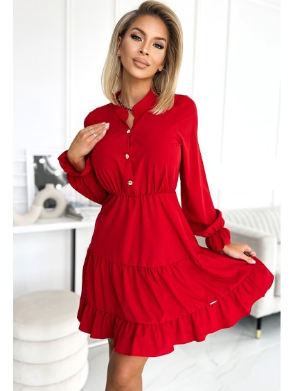 Červené šaty s volánky a zlatými knoflíky ELISS