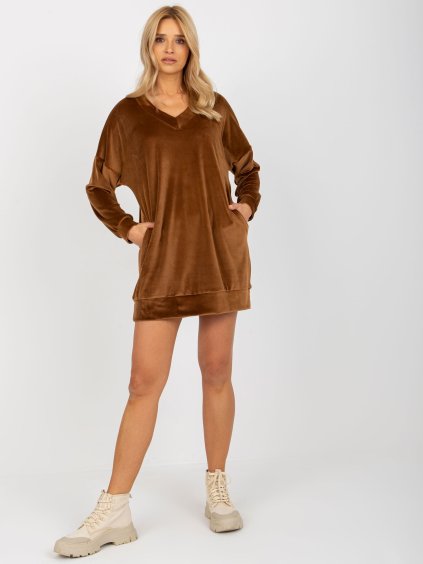 Hnědé volné velurové šaty s kapsami