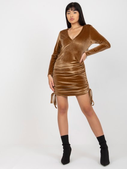 Světle hnědé sametové mini šaty
