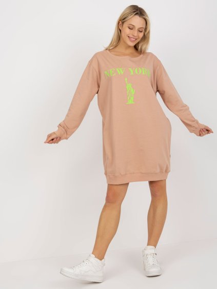 Béžové mikinové šaty s potiskem (Velikost ONE SIZE)