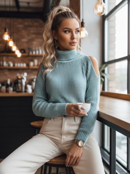 Světle modrý rolák ARIEL s průstřihy na ramenou