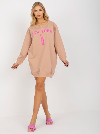Béžové mikinové šaty s růžovým potiskem (Velikost ONE SIZE)