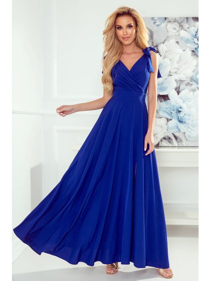 Dlouhé modré šaty s výstřihem ELENA