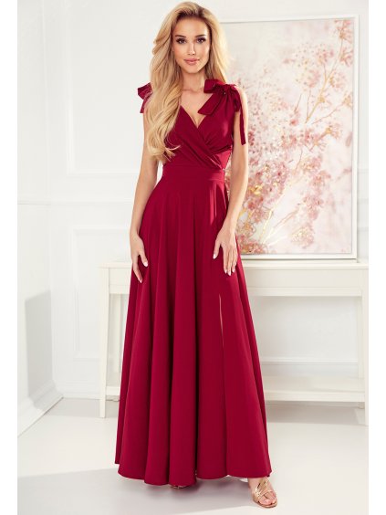 Dlouhé bordó šaty s výstřihem ELENA