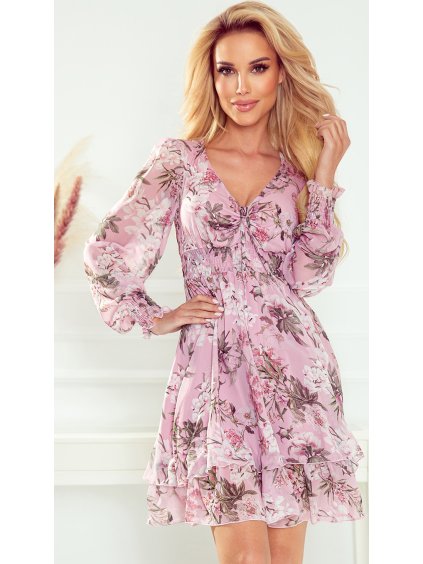 Květované světle růžové šifonové šaty IDA