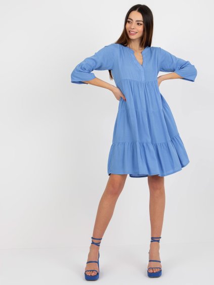 Světle modré volné minišaty s 3/4 rukávem