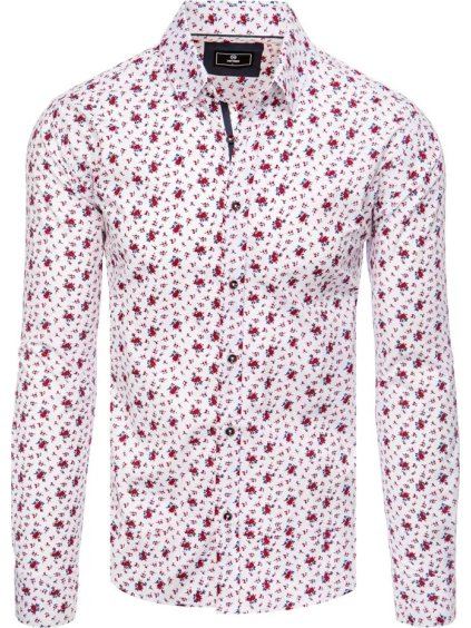 Bílá pánská košile s červeným květinovým potiskem