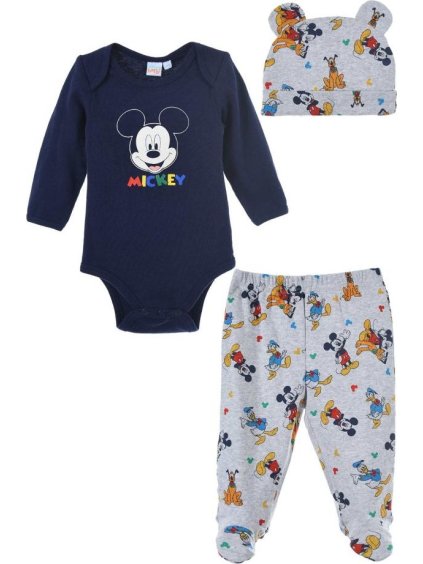 Modro-šedý set Mickey - body, kalhoty, čepička