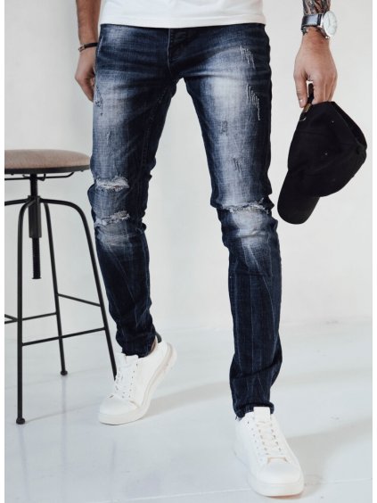 Tmavě modré pánské džíny s bílými oděrkami