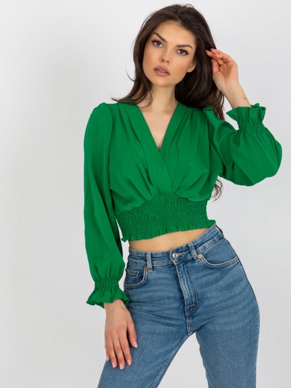 ZELENÁ CROP TOP HALENKA S ELASTICKÝM ŘASENÍM