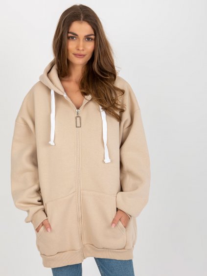 BÉŽOVÁ DELŠÍ OVERSIZE MIKINA NA ZIP S KAPUCÍ