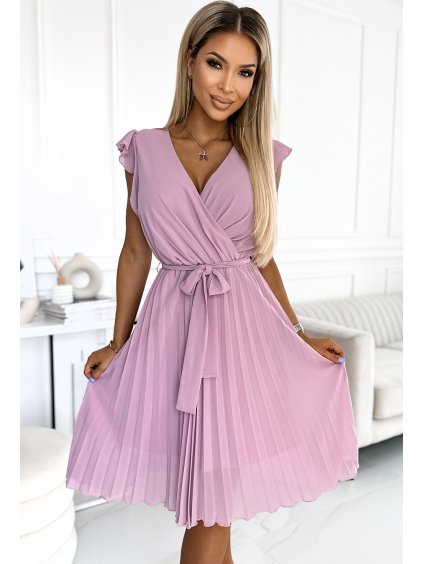 Fialové plisované šaty s výstřihem a volánky JINNY