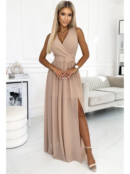 Dlouhé tmavě béžové společenské šaty s výstřihem GERDA