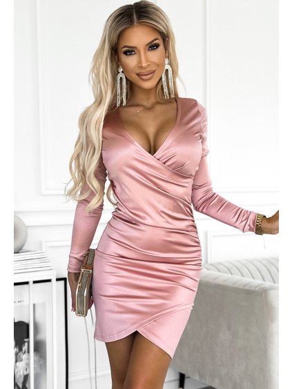 Růžové saténové šaty s výstřihem a dlouhým rukávem BARBIE