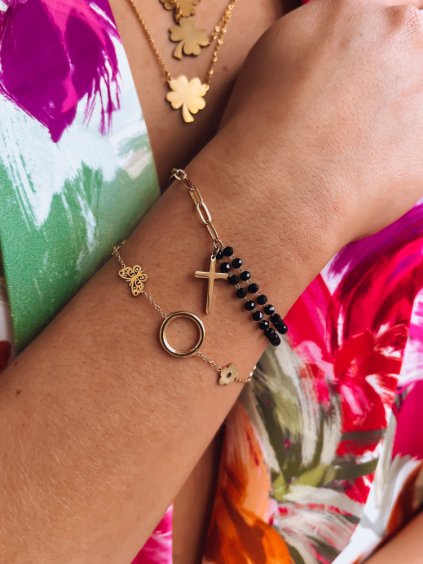 Černo-zlatý korálkový náramek s křížkem HESSA