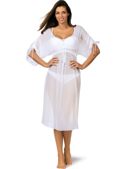 Bílá dlouhá plážová tunika na plavky se stažením Dora Bianco