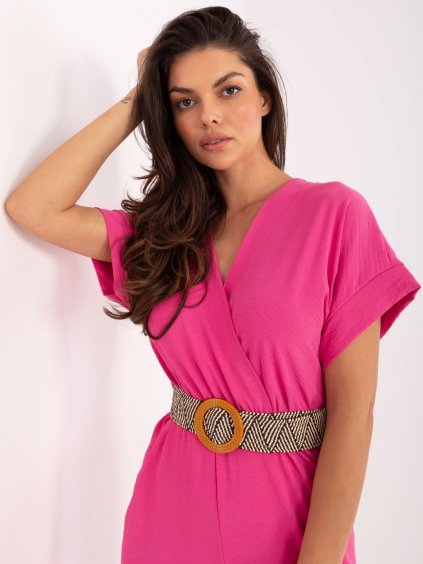 Tmavě růžový elegantní overal se širokými nohavicemi a krátkým rukávem