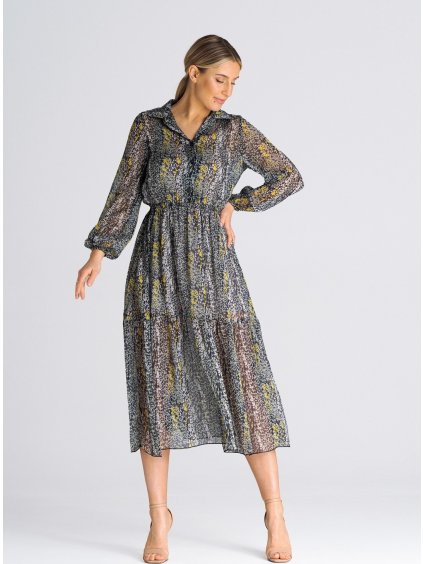 Černo-šedé vzorované midi šaty