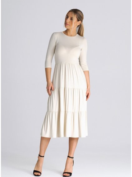 Světle béžové midi šaty s volány
