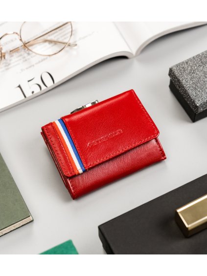 Peterson Červená malá kožená peněženka s barevným pruhem Y252