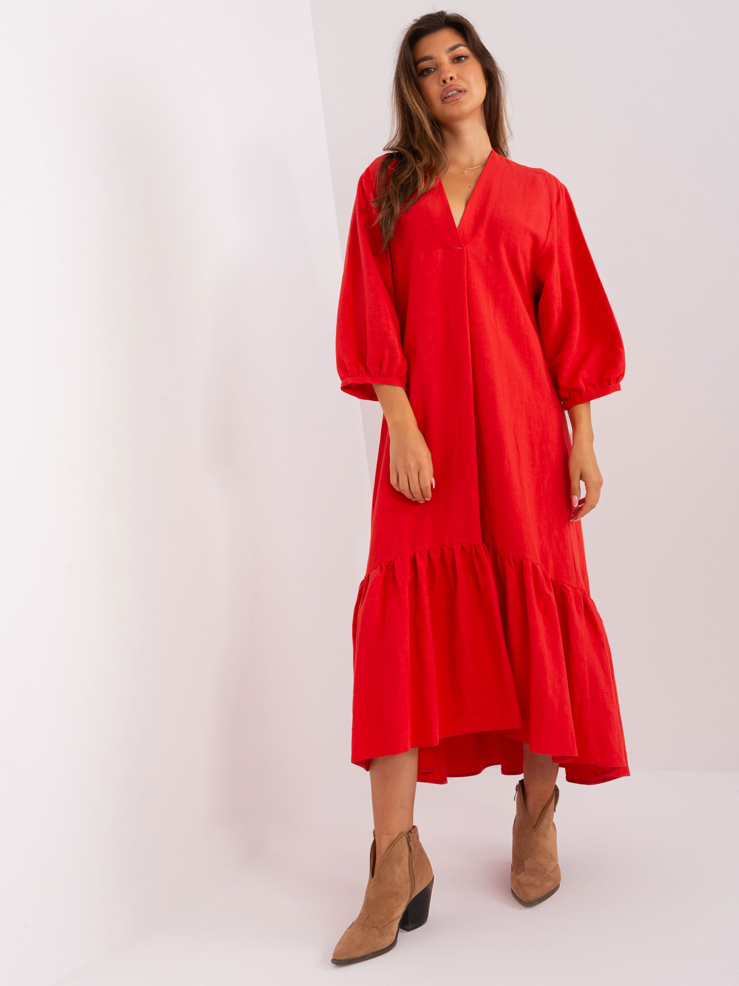 ČERVENÉ OVERSIZE ŠATY S VOLÁNEM -CHA-SK-9012.02P-RED Velikost: S/M