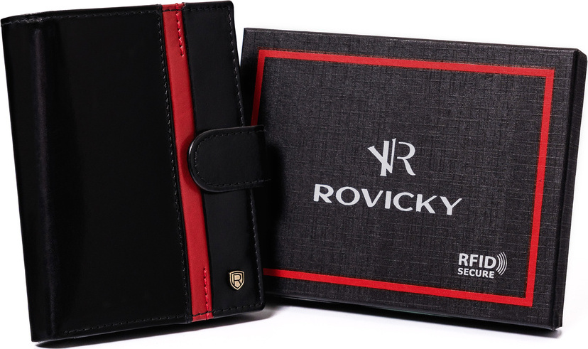 ROVICKY ČERNÁ KOŽENÁ PENĚŽENKA S ČERVENÝM PRUHEM L189 [DH] N575L-RVTP-3081 B Velikost: ONE SIZE