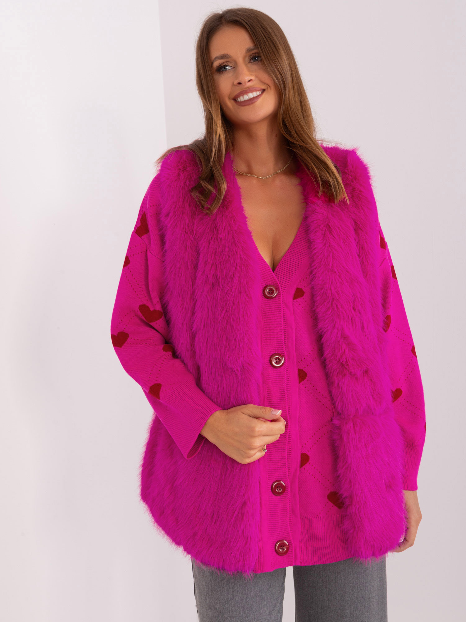 TMAVĚ RŮŽOVÁ CHLUPATÁ KOŽÍŠKOVÁ VESTA AT-KZ-2368.00P-FUCHSIA Velikost: S/M