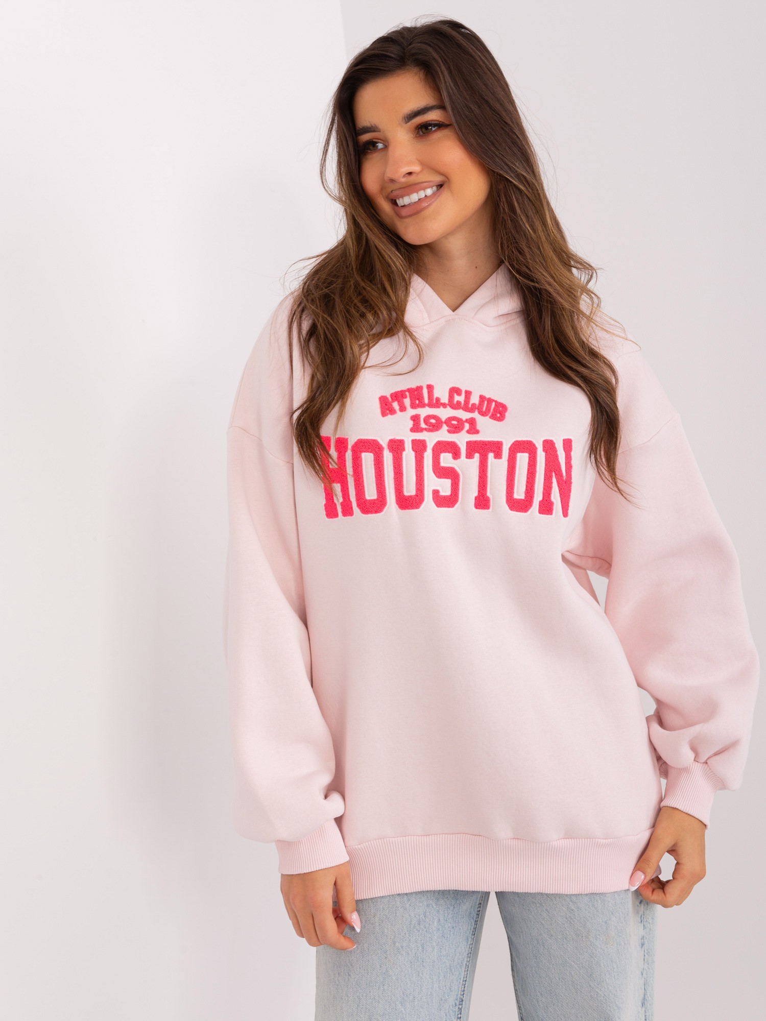 SVĚTLE RŮŽOVÁ MIKINA S KAPUCÍ A NÁPISEM HOUSTON EM-BL-656-2.13X-LIGHT PINK Velikost: ONE SIZE