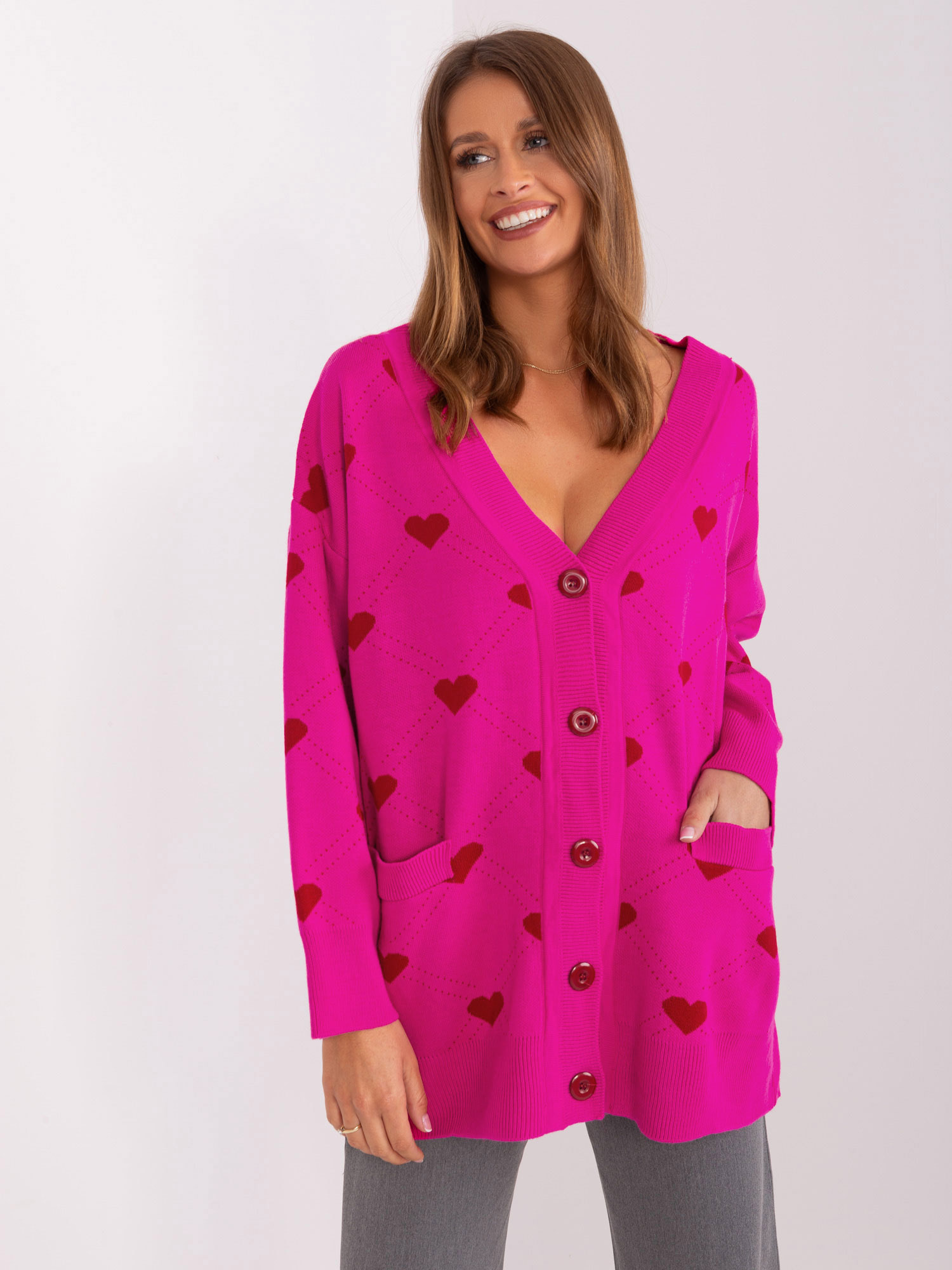 TMAVĚ RŮŽOVÝ KARDIGAN SE SRDÍČKY -BA-SW-2207.32P-FUCHSIA Velikost: ONE SIZE