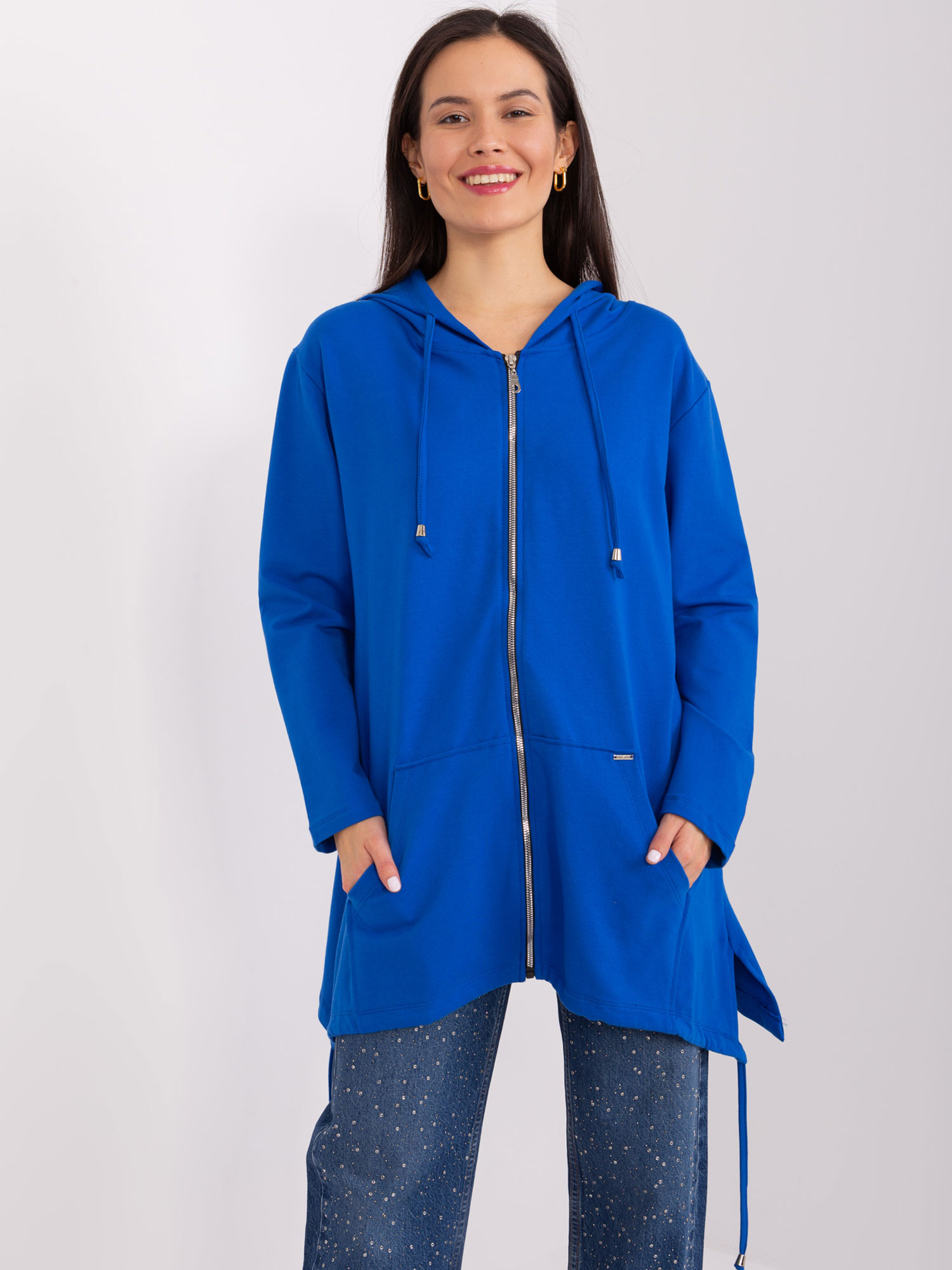 MODRÁ DELŠÍ MIKINA NA ZIP S KAPUCÍ -RV-BL-9022.72P-BLUE Velikost: L/XL