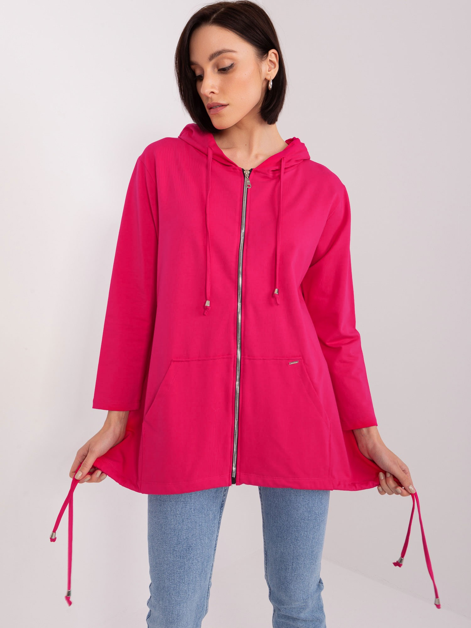 TMAVĚ RŮŽOVÁ DELŠÍ MIKINA NA ZIP S KAPUCÍ RV-BL-9022.72P-DARK PINK Velikost: S/M