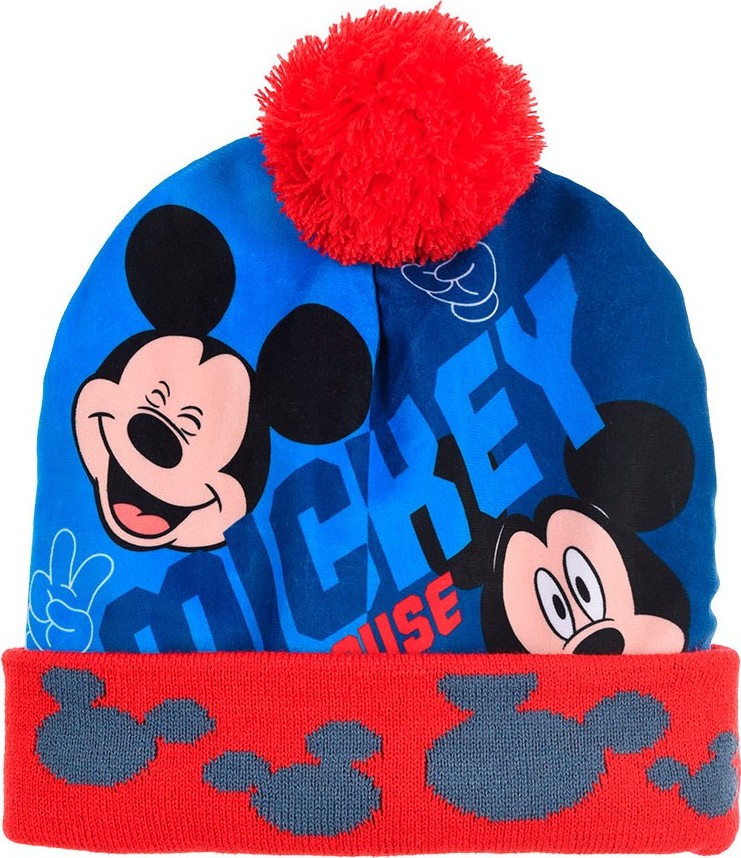 DISNEY WARM MICKEY MOUSE MODRO-ČERVENÁ CHLAPECKÁ ČEPICE S BAMBULÍ Velikost: 52