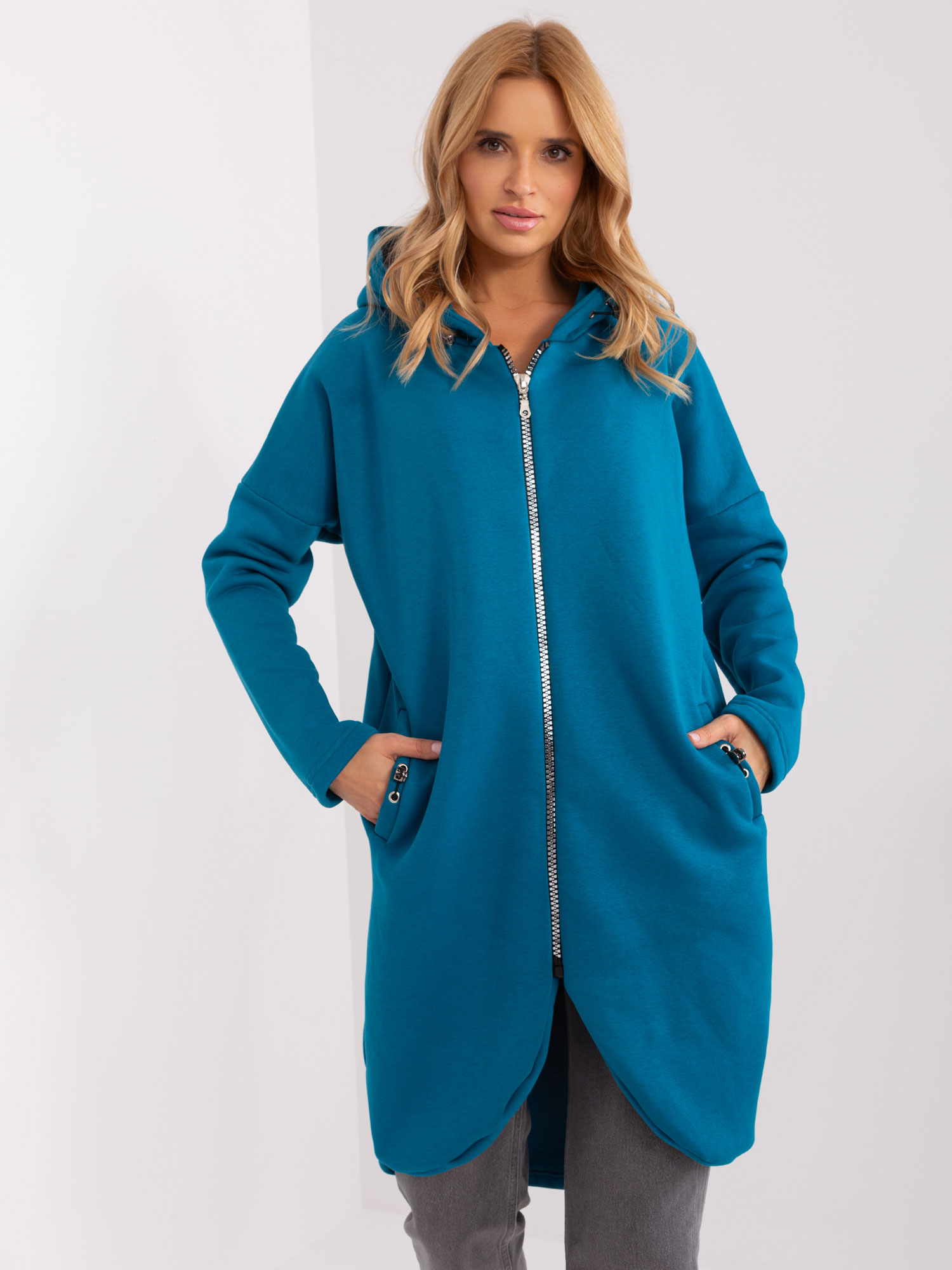 MODRÁ DLOUHÁ MIKINA NA ZIP RV-BL-4858-1.99P-SEA BLUE Velikost: S/M