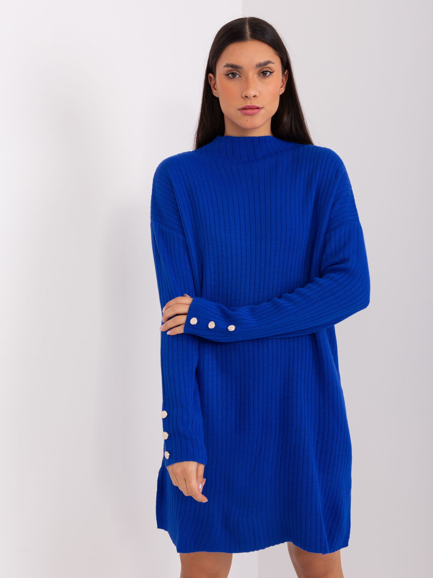 Modré žebrované pletené šaty s knoflíky TO-TU-3010.07-kobalt Velikost: ONE SIZE