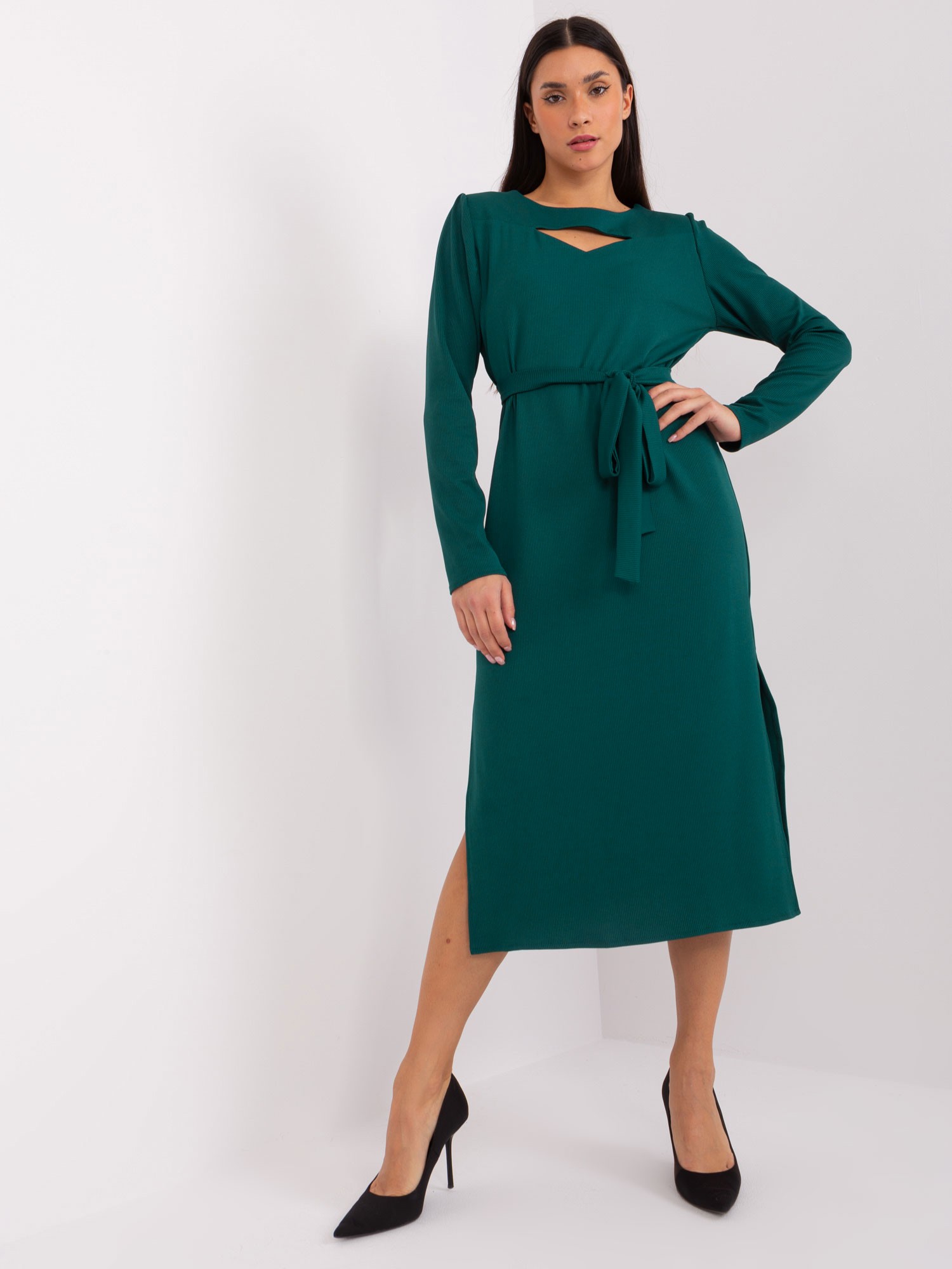 TMAVĚ ZELENÉ MIDI ŠATY S PÁSKEM LK-SK-509447.75P-DARK GREEN Velikost: S/M