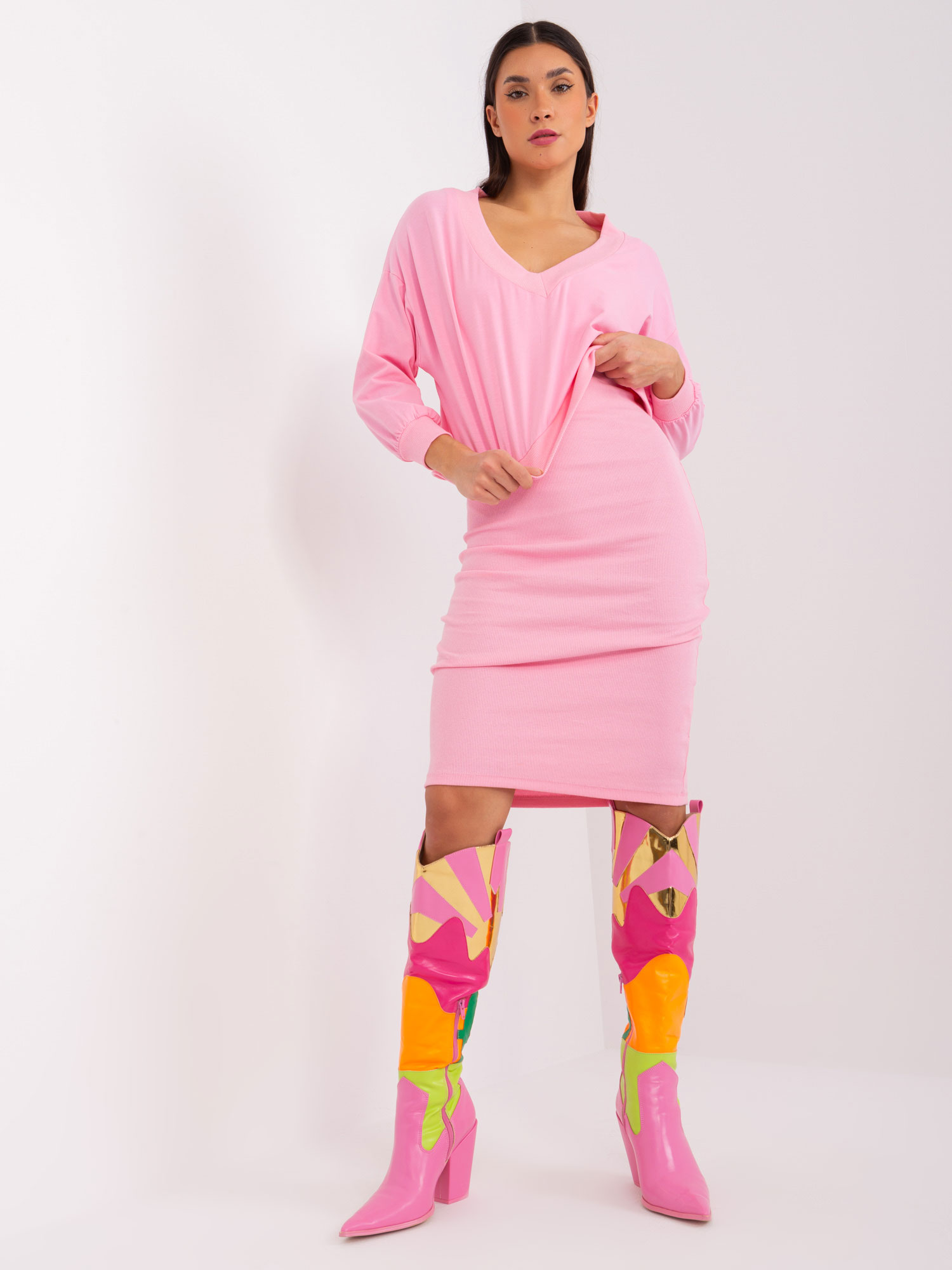 Růžový komplet šatů a mikiny EM-KMPL-819-1.48P-pink Velikost: ONE SIZE