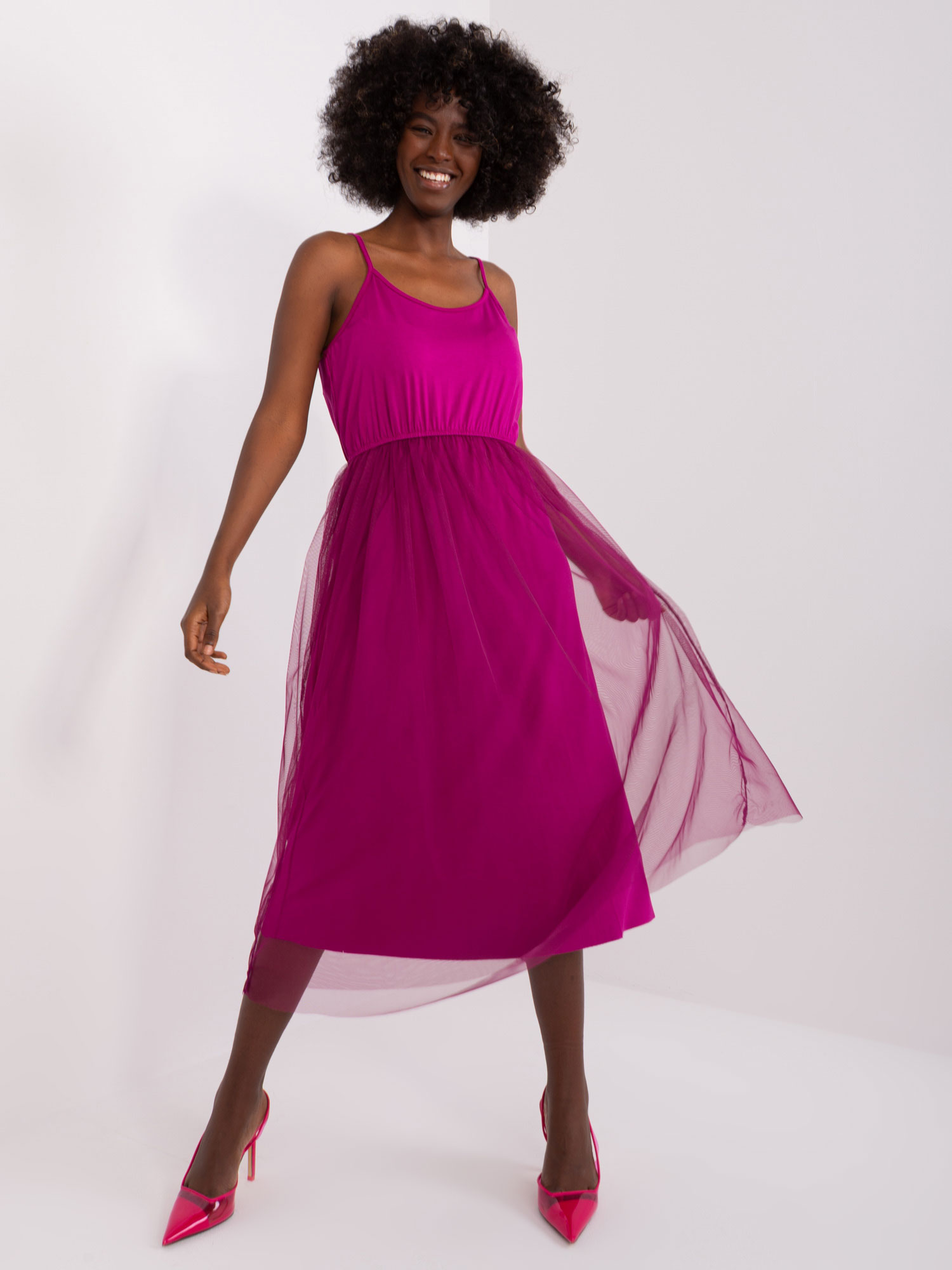 Fuchsiové midi šaty s tylovou sukní -GL-SK-19332.26-purple Velikost: ONE SIZE