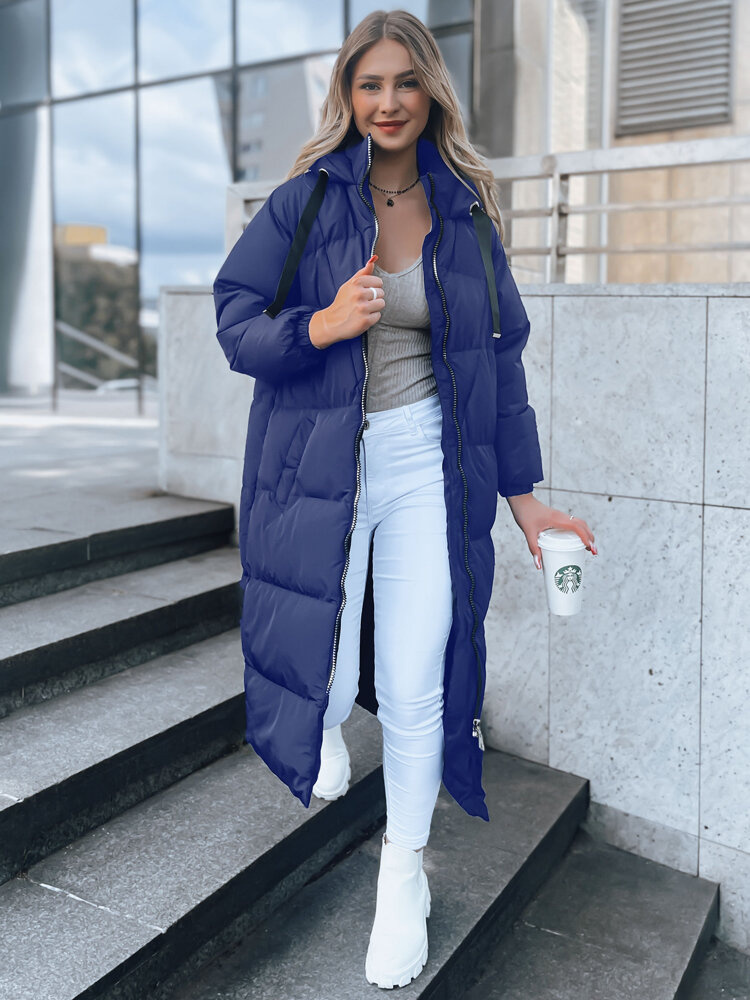 Tmavě modrý dlouhý prošívaný kabát COZYSEASON (Velikost S)