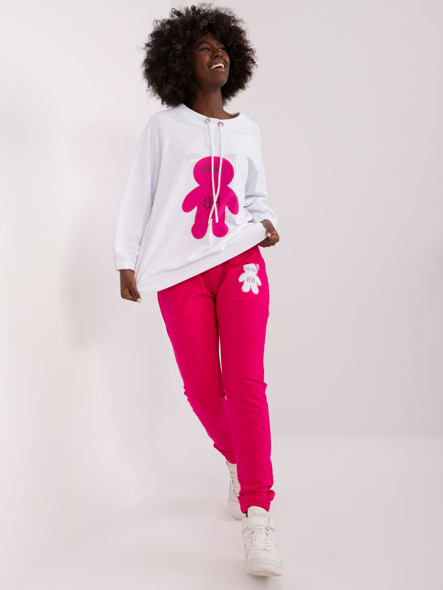 Růžovo-bílá souprava trička s medvídkem a tepláků -RV-KMPL-8727.25X-fuchsia Velikost: L/XL