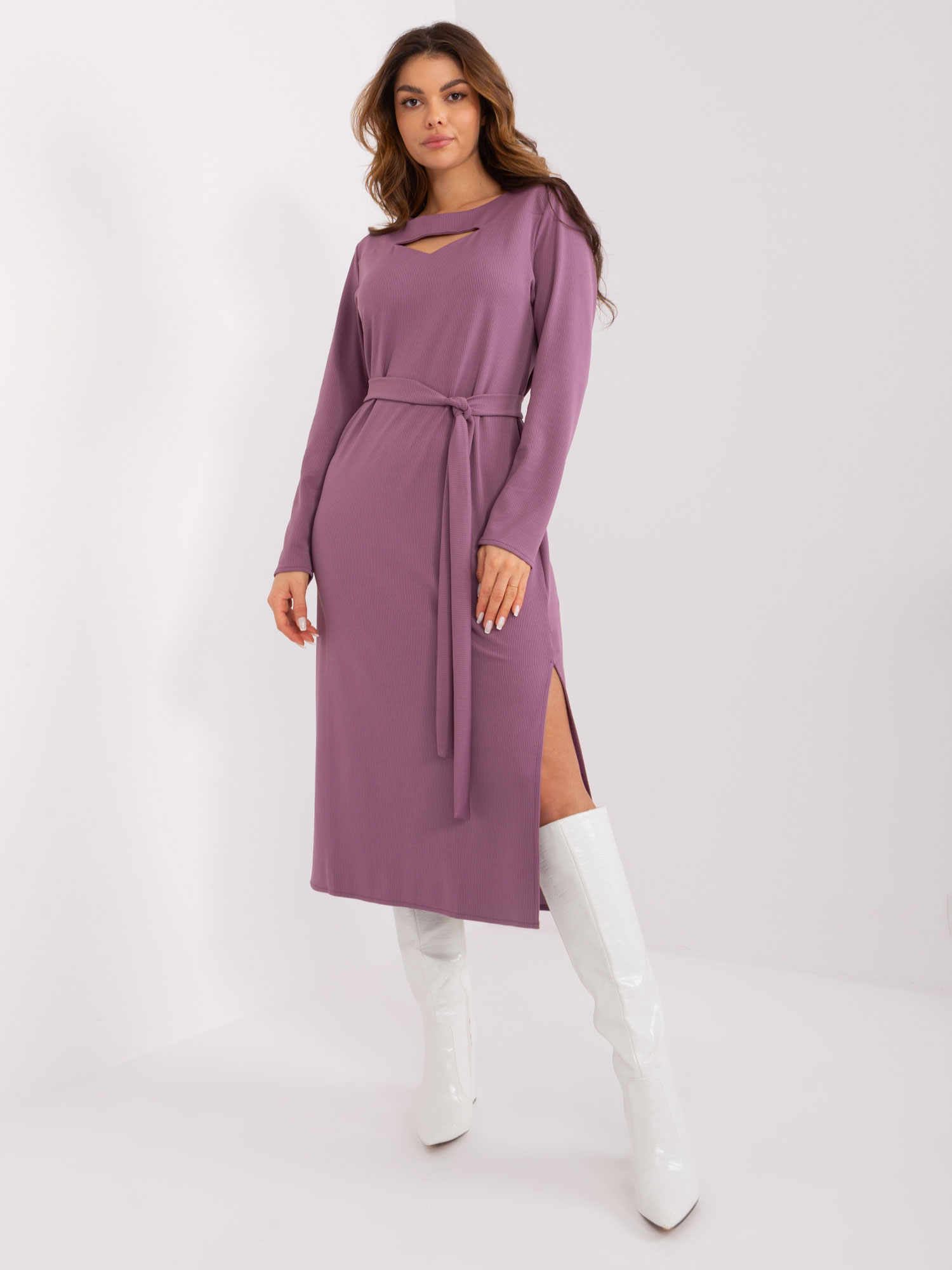 FIALOVÉ MIDI ŠATY S PÁSKEM LK-SK-509447.75P-PURPLE Velikost: S/M