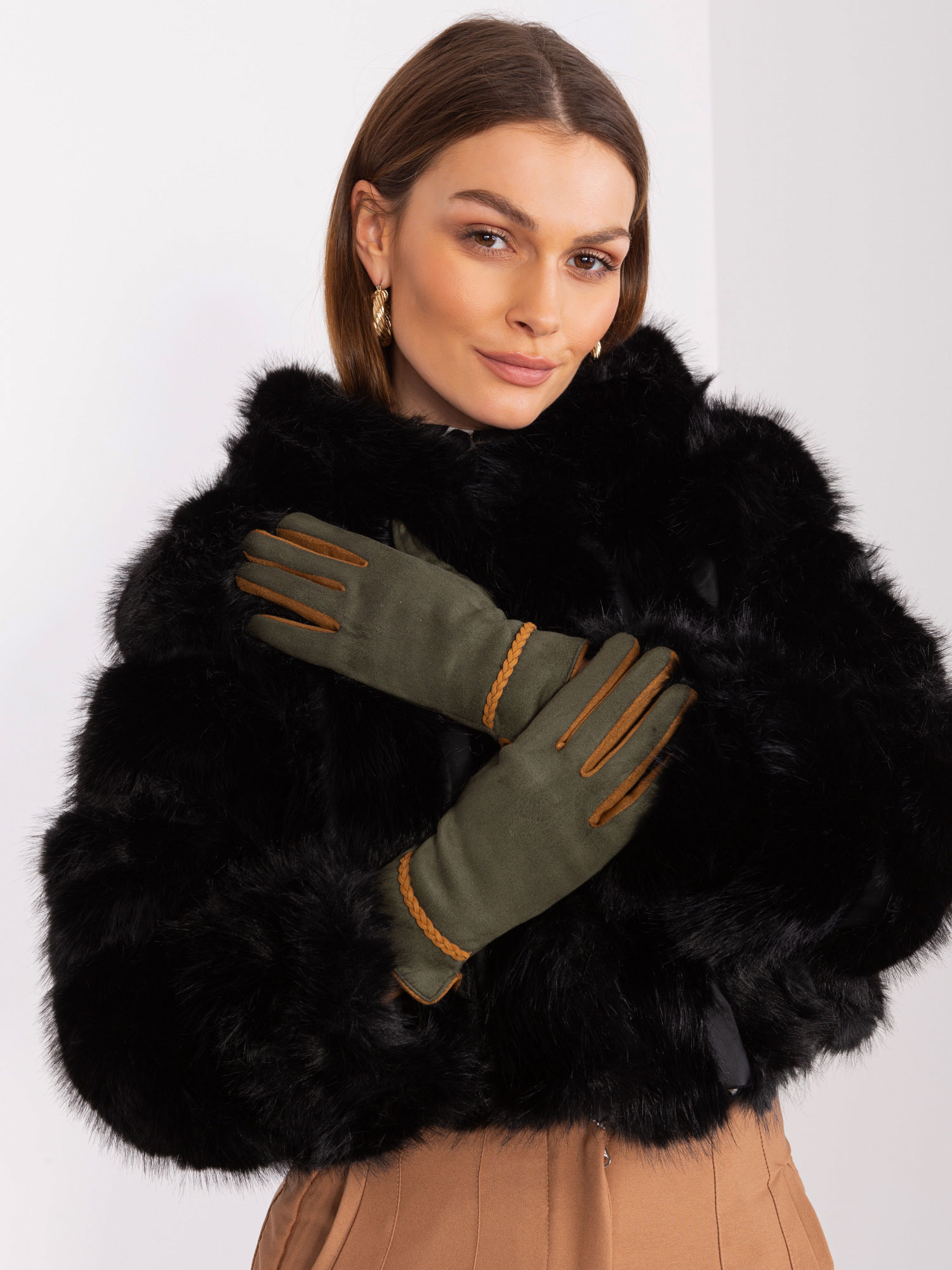 Tmavé khaki elegantní rukavice AT-RK-238601.31P-dark khaki Velikost: S/M