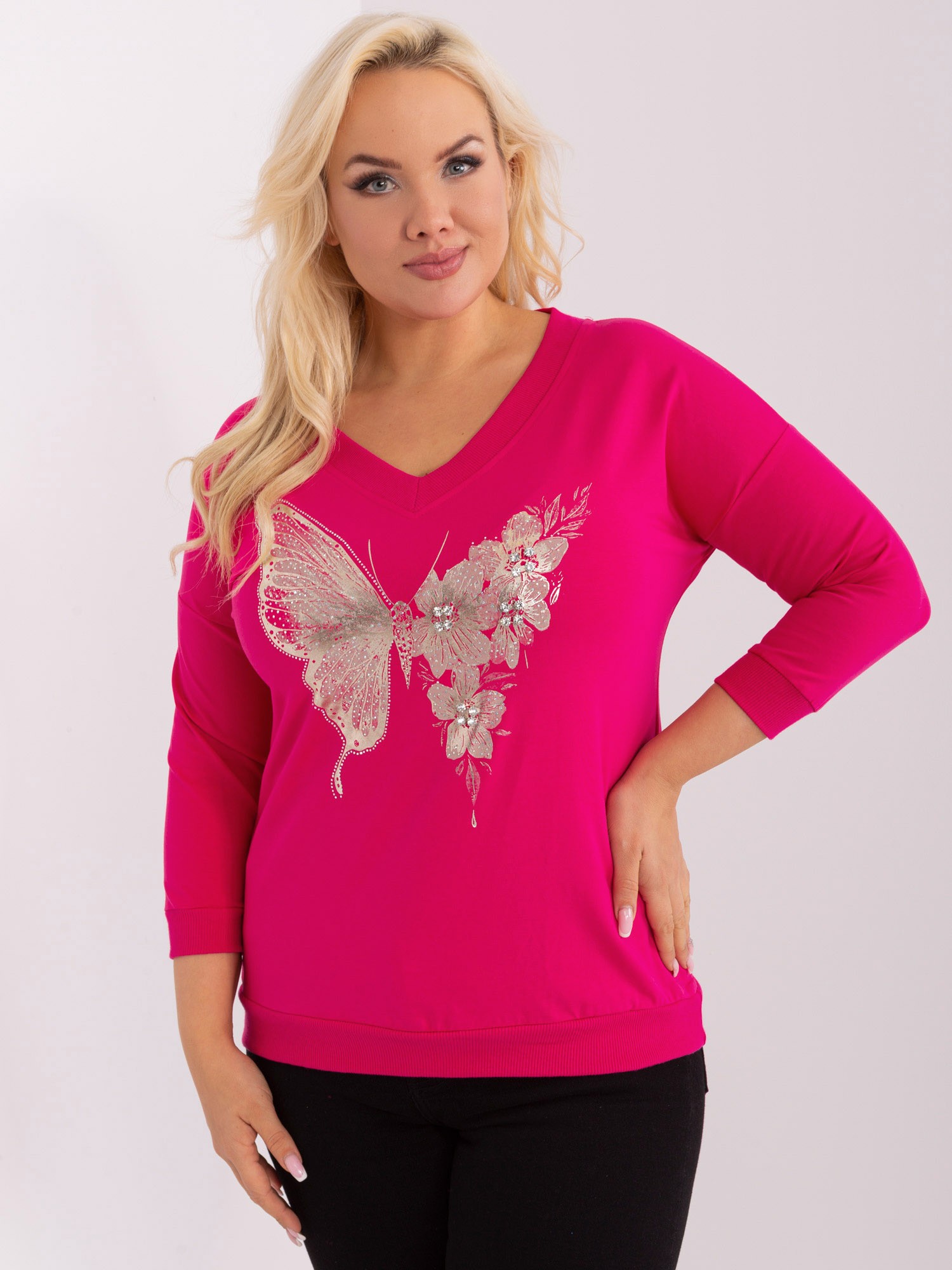 Tmavě růžové tričko s aplikací motýla RV-BZ-9189.38-dark pink Velikost: ONE SIZE