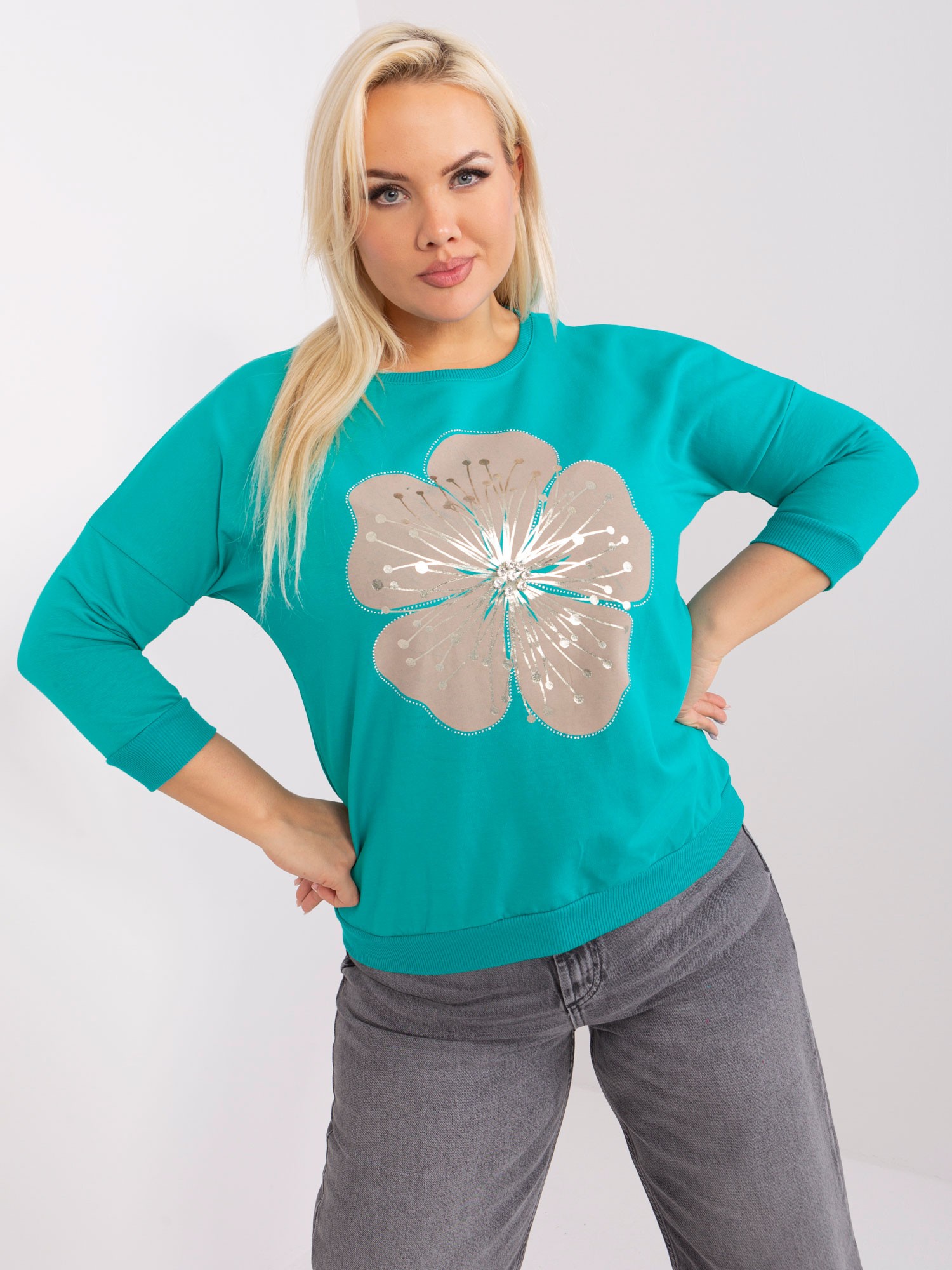 TYRKYSOVÉ TRIČKO S KVĚTINOU A 3/4 RUKÁVEM RV-BZ-9140.84-TURQUOISE Velikost: ONE SIZE