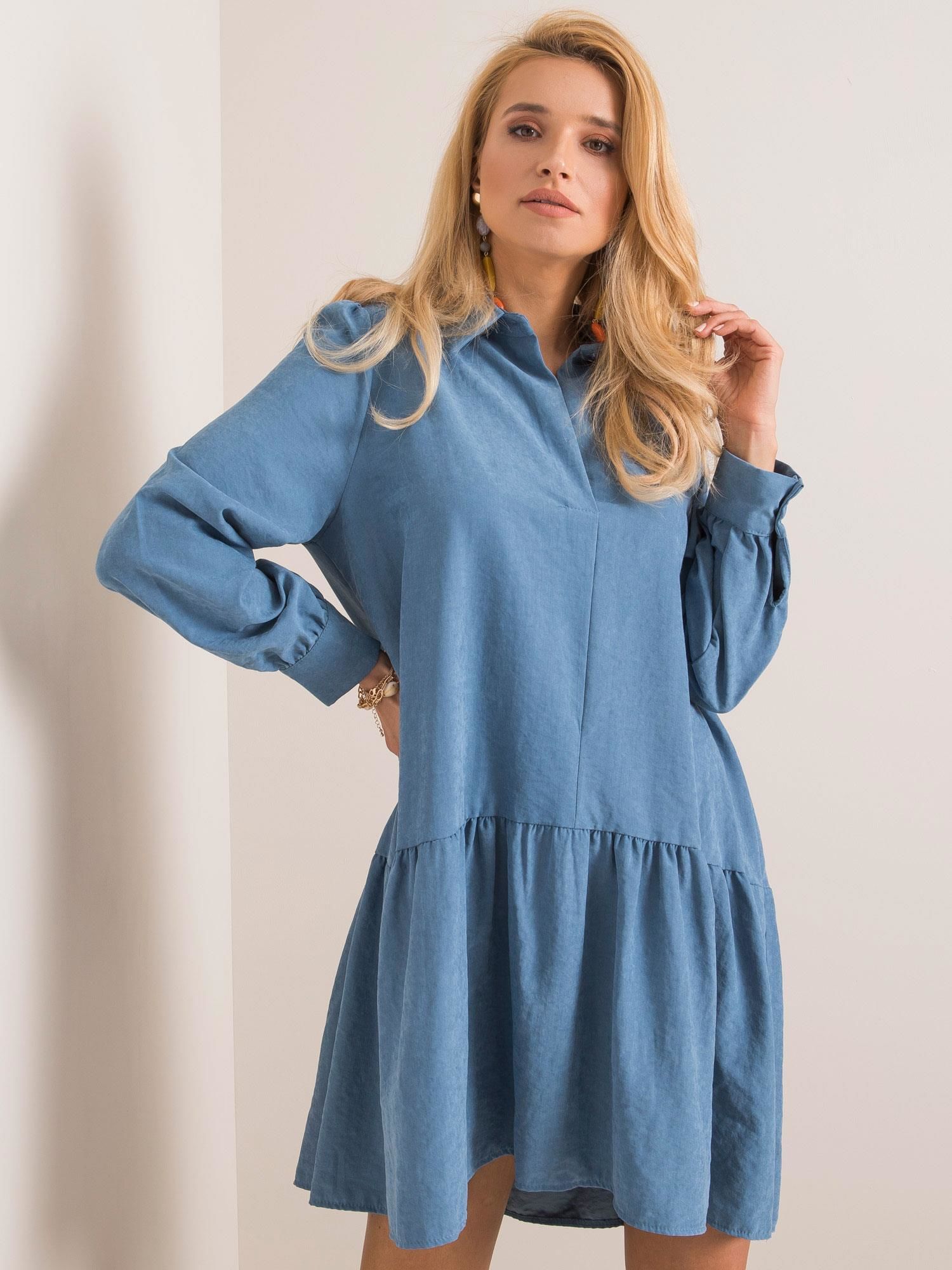 Modré dámské šaty košilové s volánkem EM-SK-L1018.39P-blue Velikost: S