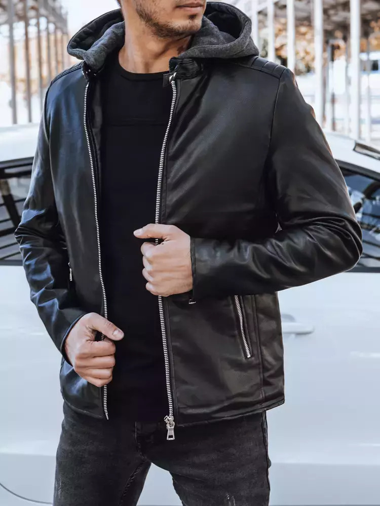 Černá koženková bunda s kapucí TX4277 Velikost: L