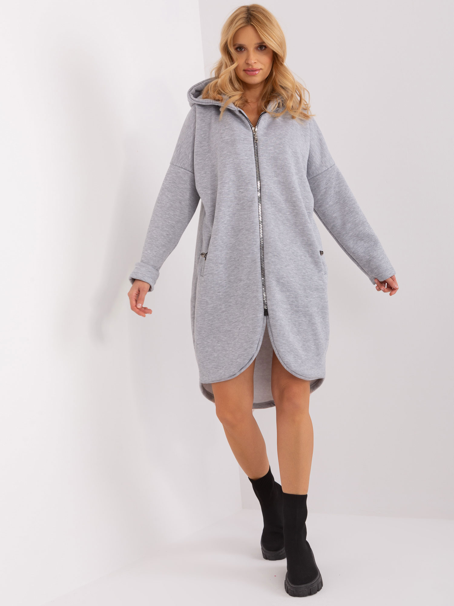 Světle šedá dlouhá mikina na zip -RV-BL-4858-2.97P-grey Velikost: S/M