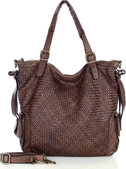MARCO MAZZINI tmavě hnědá kožená shopper kabelka s pleteným vzorem (v202c) Velikost: ONE SIZE